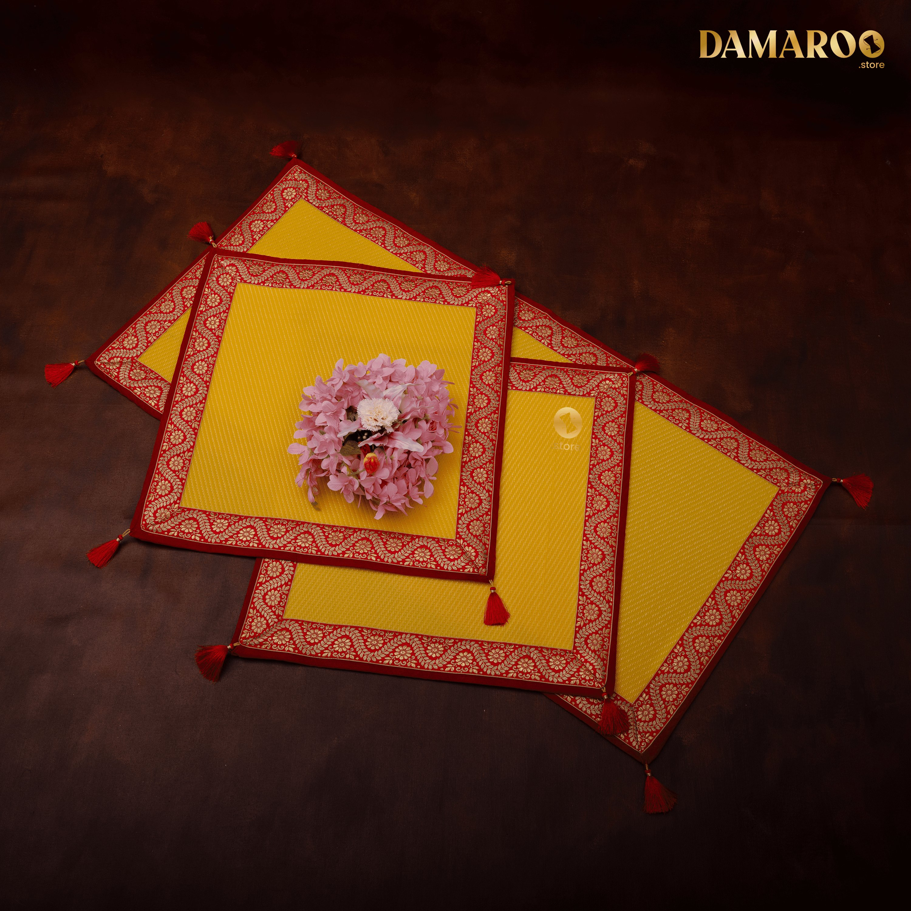 Damaroo Combo Pack of 3 | Graceful Nylon Aasan & Mat | Red & Subtle Golden Trim & Tassels - Mango Yellow - Distacart