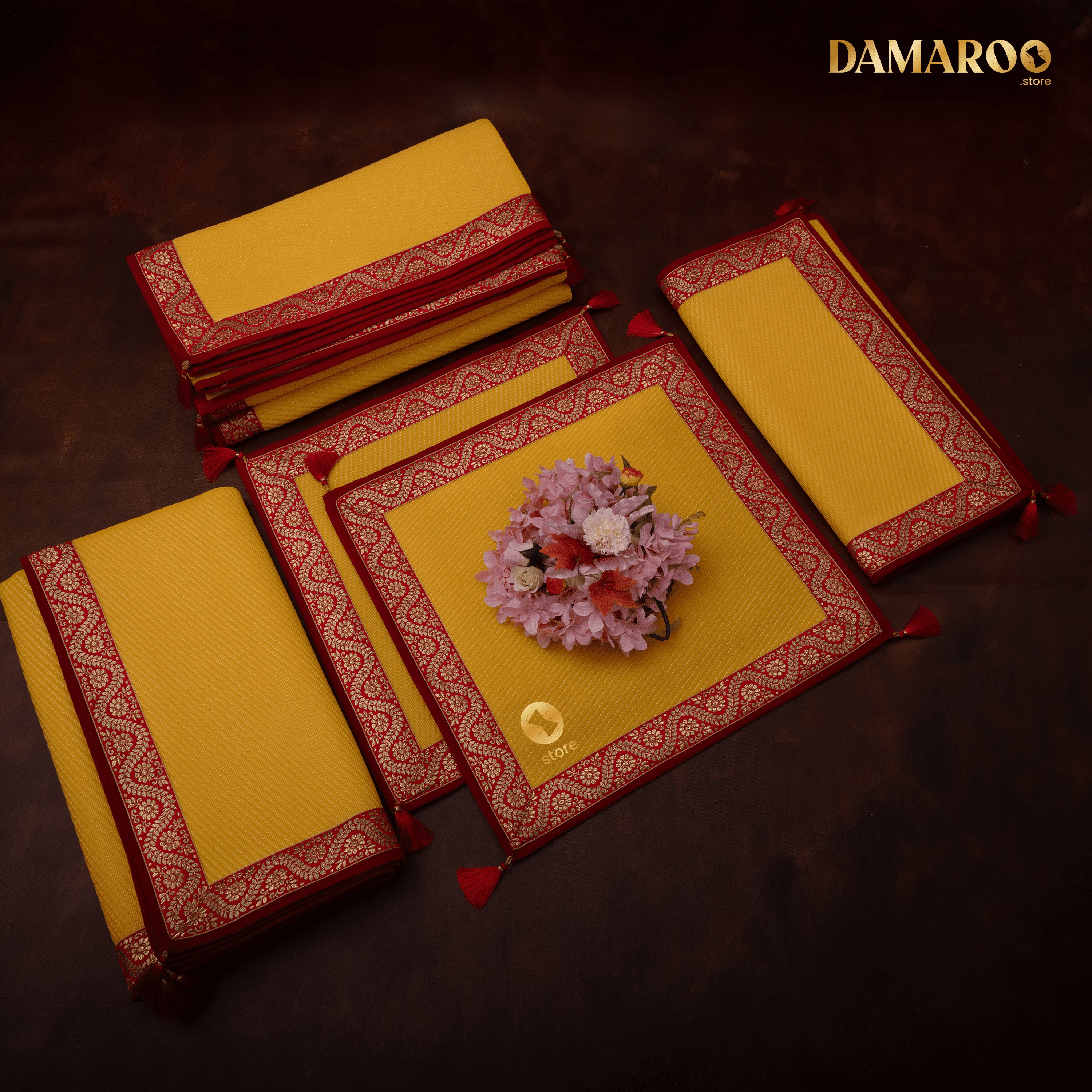 Damaroo Combo Pack of 5 | Graceful Nylon Pooja Aasan & Mat | Red & Subtle Golden Trim & Tassels - Mango yellow - Distacart