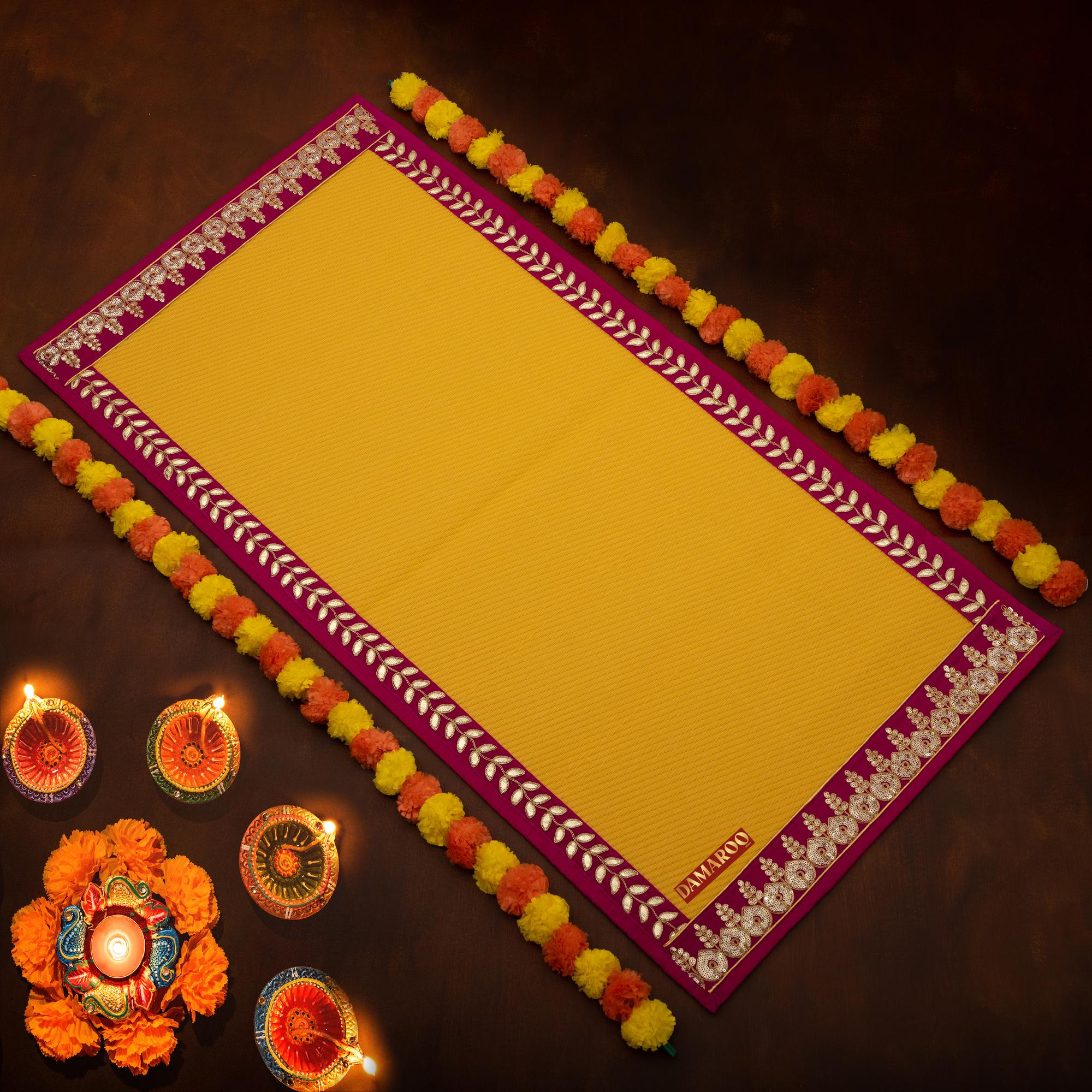 Damaroo 2x4 ft | Regal Nylon Pooja Mat | Pink Sequins & Gotapatti Border - Mango Yellow - Distacart