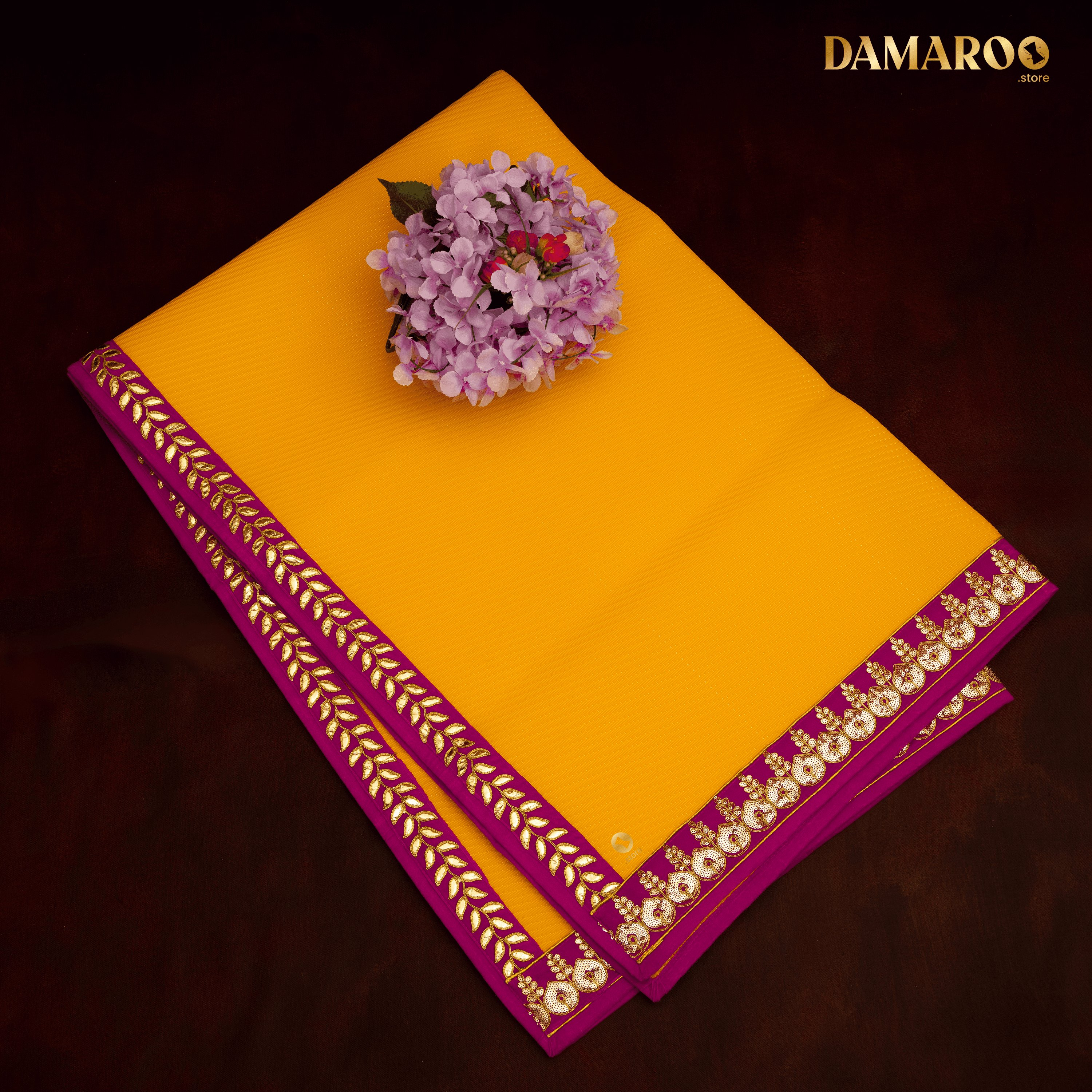 Damaroo 4x6 ft | Regal Nylon Area Rug Mat | Pink Sequins & Gotapatti Border - Mango Yellow - Distacart
