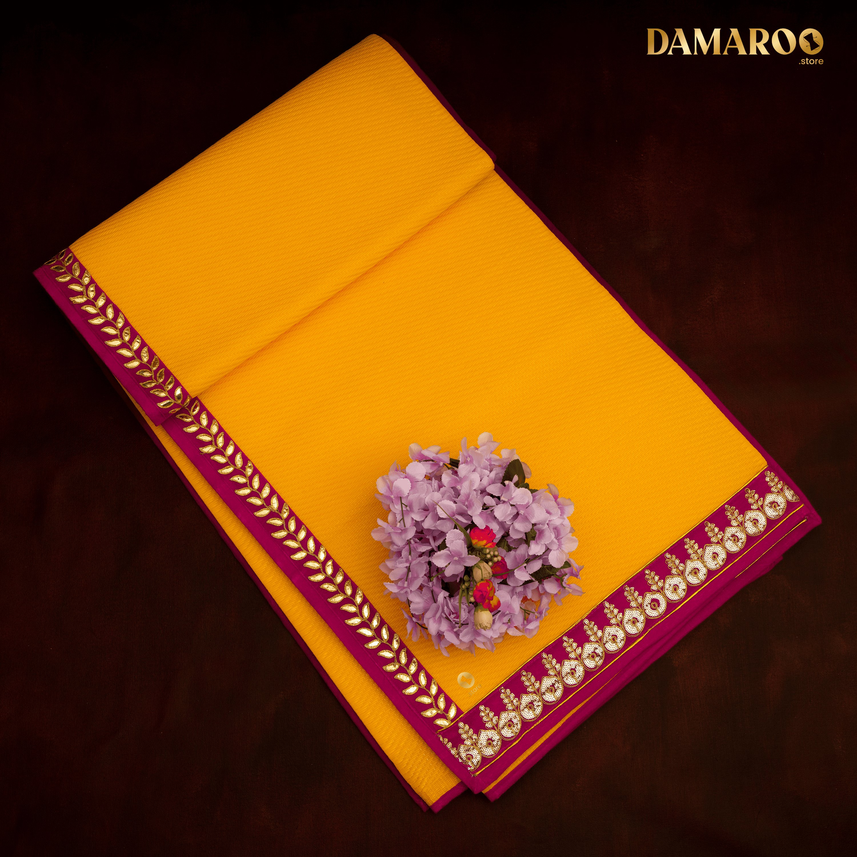 Damaroo 6x8 ft | Regal Nylon Area Rug Mat | Pink Sequins & Gotapatti Border - Mango Yellow - Distacart