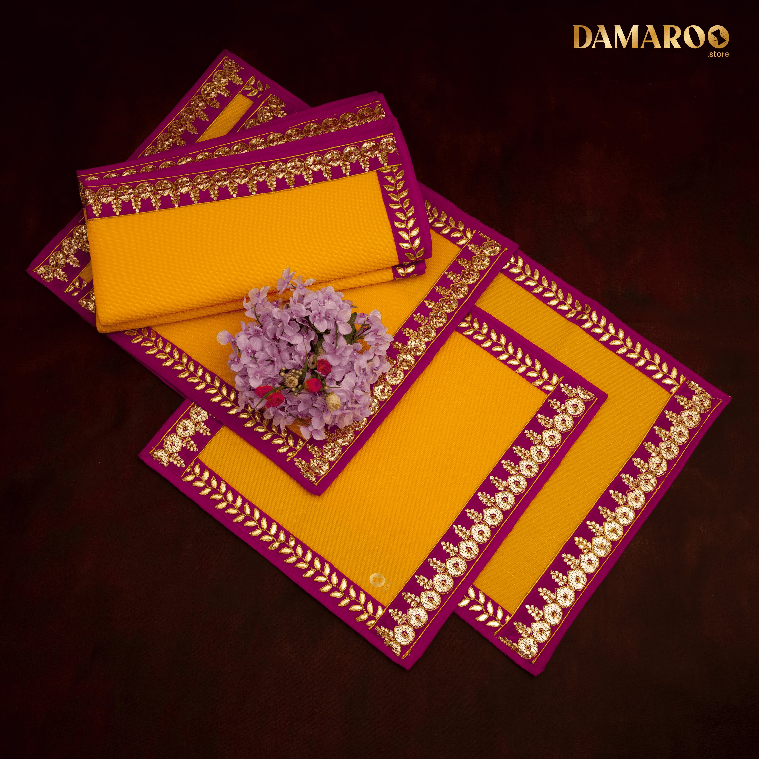 Damaroo Combo Pack of 4 | Regal Nylon Pooja Aasan & Mat | Pink Sequins & Gotapatti Border - Mango Yellow - Distacart