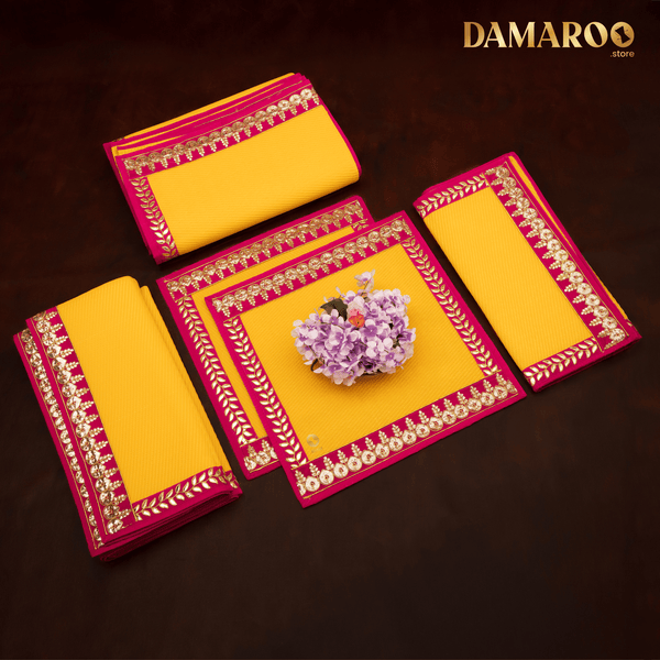 Damaroo Combo Pack of 5 | Regal Nylon Pooja Aasan & Mat | Pink Sequins & Gotapatti Border - Mango Yellow - Distacart