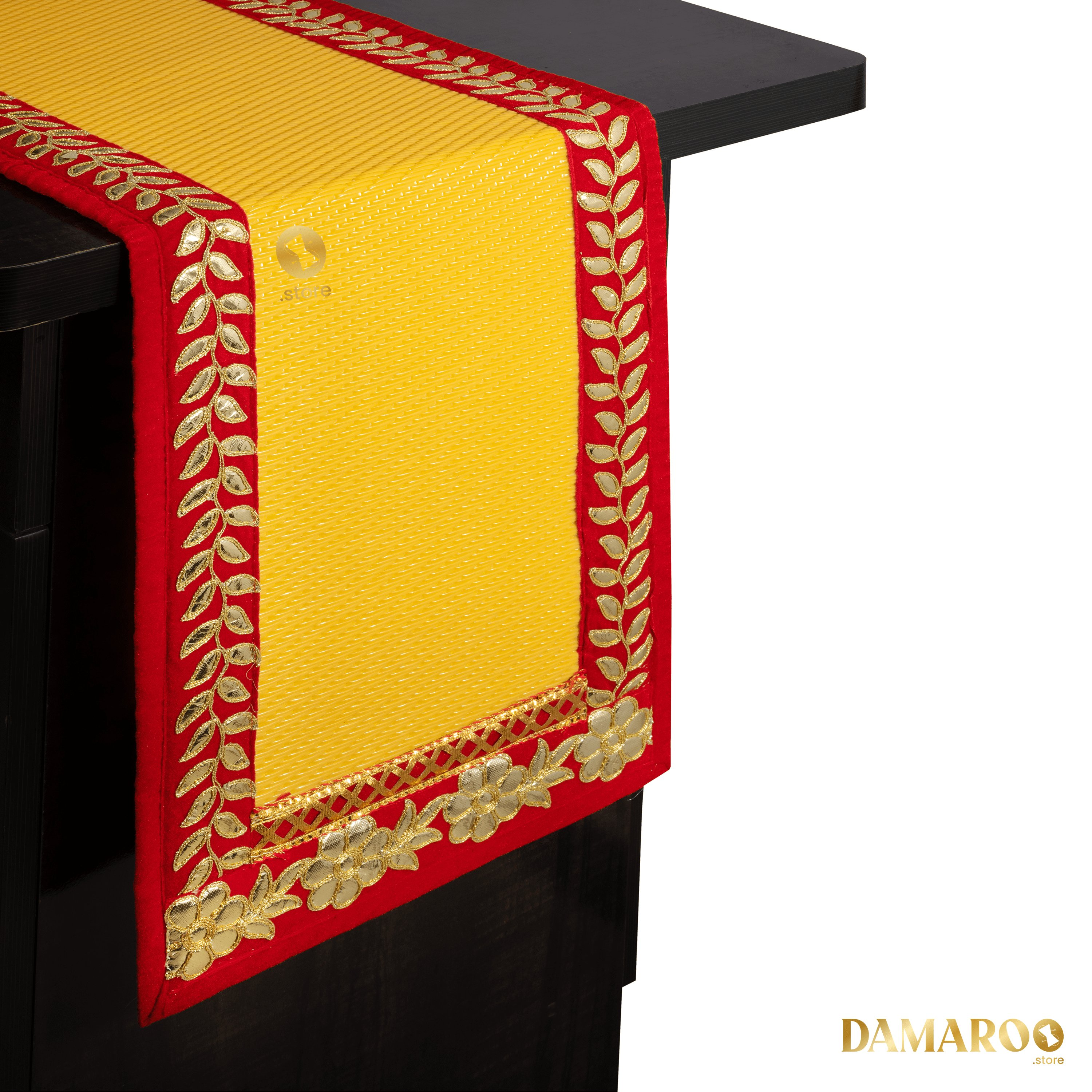 Damaroo 72x12 inch | Classic Nylon Table Runner | Red Gotapatti Border - Mango Yellow - Distacart