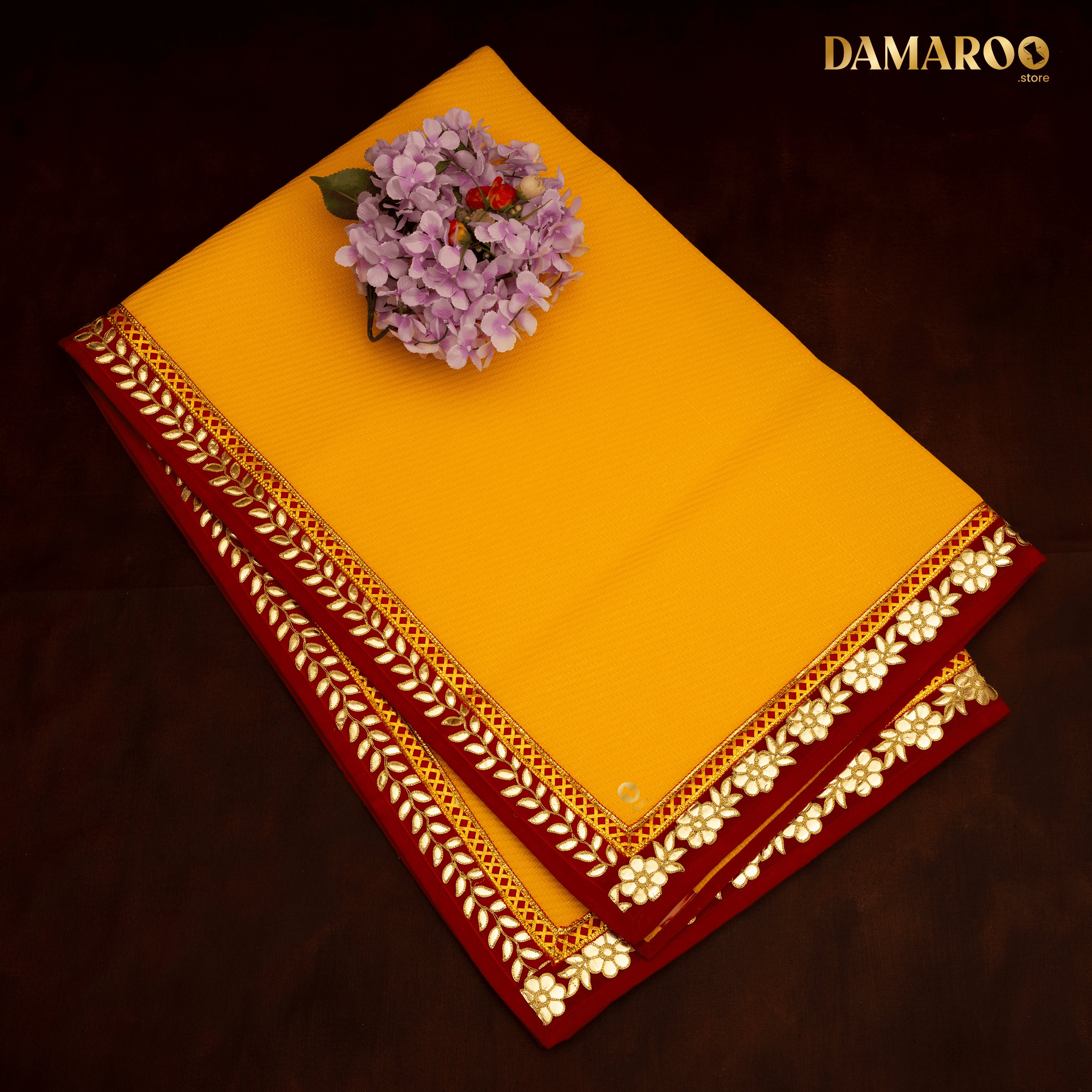 Damaroo 4x6 ft | Classic Nylon Pooja Mat | Red Gotapatti Border - Mango Yellow - Distacart