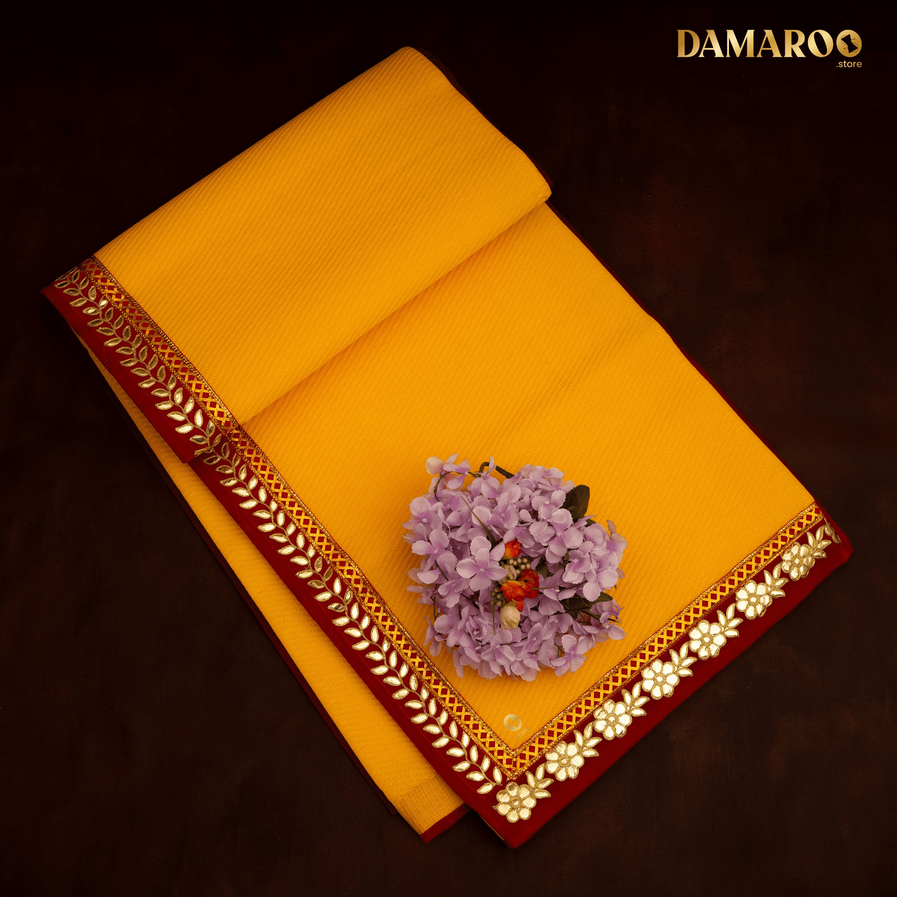Damaroo 6x8 ft | Classic Nylon Pooja Mat | Red Gotapatti Border - Mango Yellow - Distacart