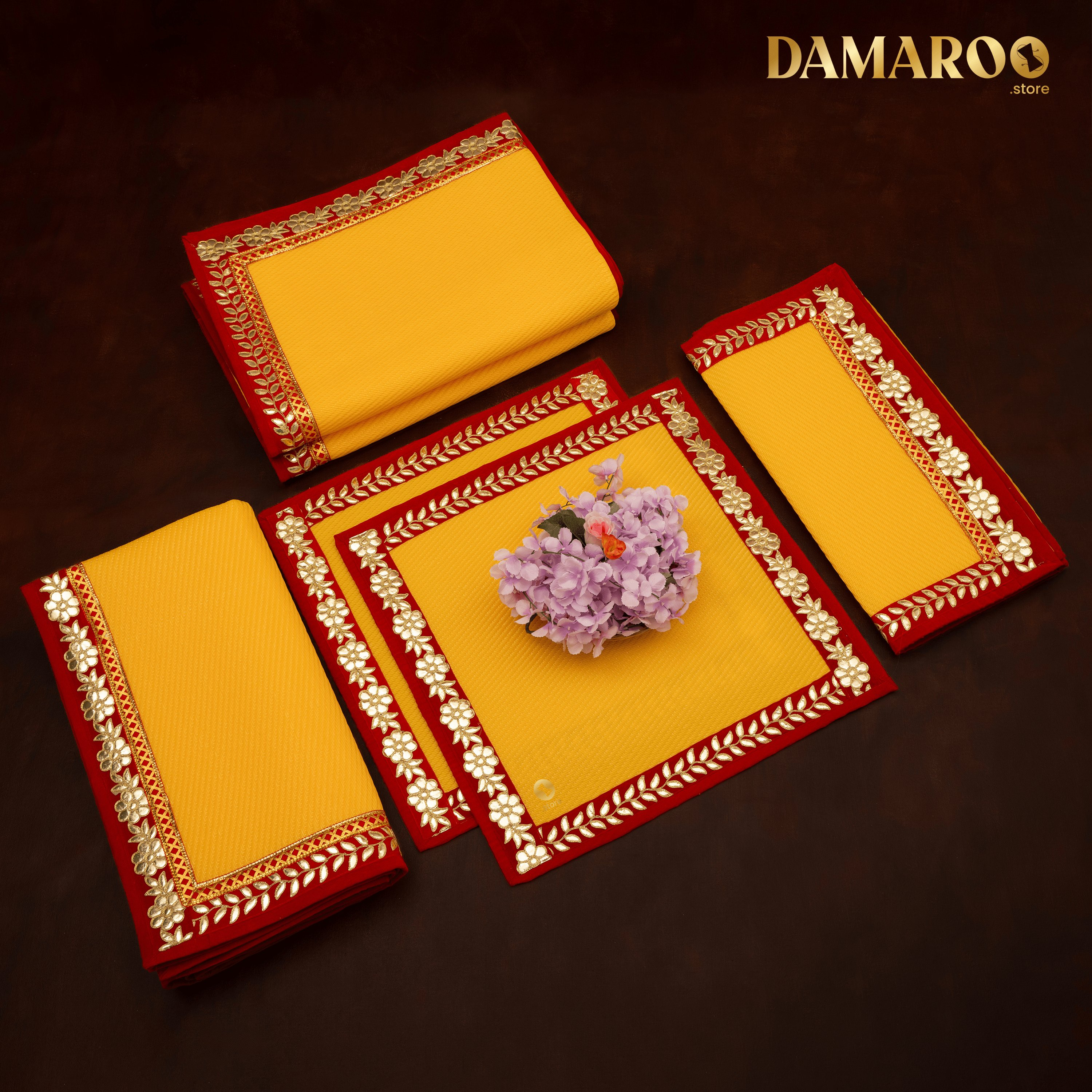 Damaroo Combo Pack of 5 | Classic Nylon Pooja Aasan & Mat | Red Gotapatti Border - Mango Yellow - Distacart