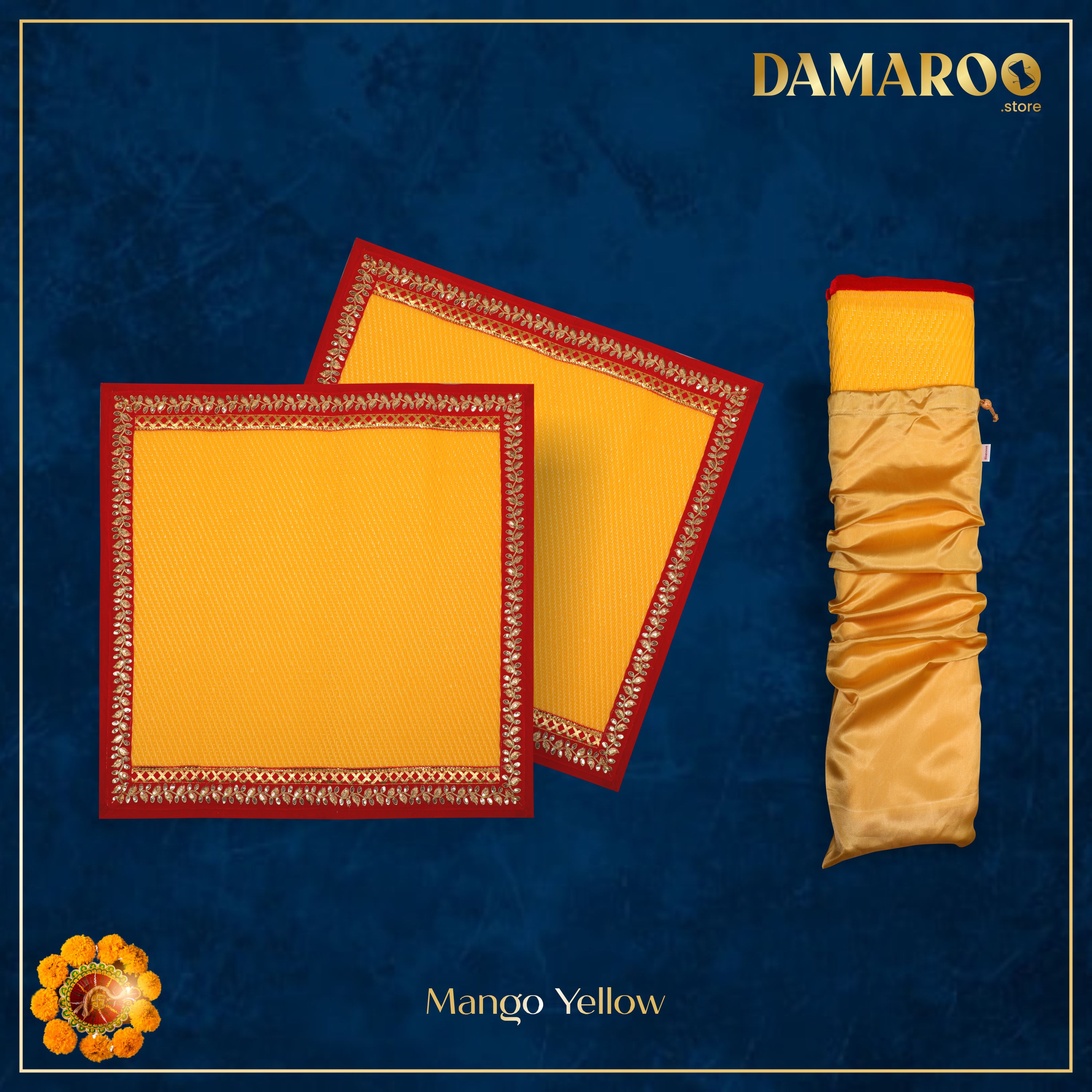 Damaroo Set of 2 | 2x2 ft | Exquisite Nylon Pooja Aasan | Red Sequins Border - Mango Yellow - Distacart