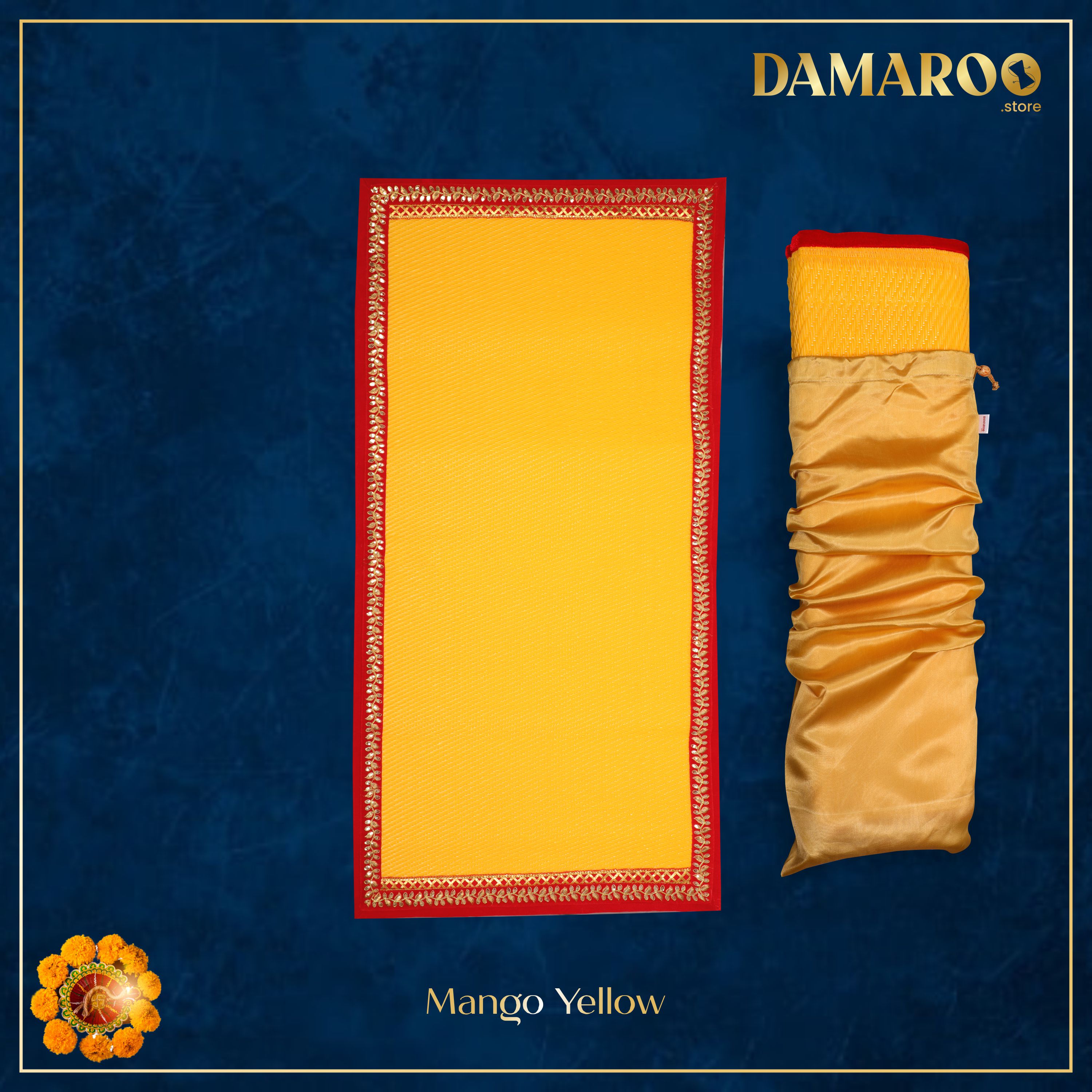 Damaroo 2x4 ft | Exquisite Nylon Pooja Mat | Red Sequins Border - Mango Yellow - Distacart