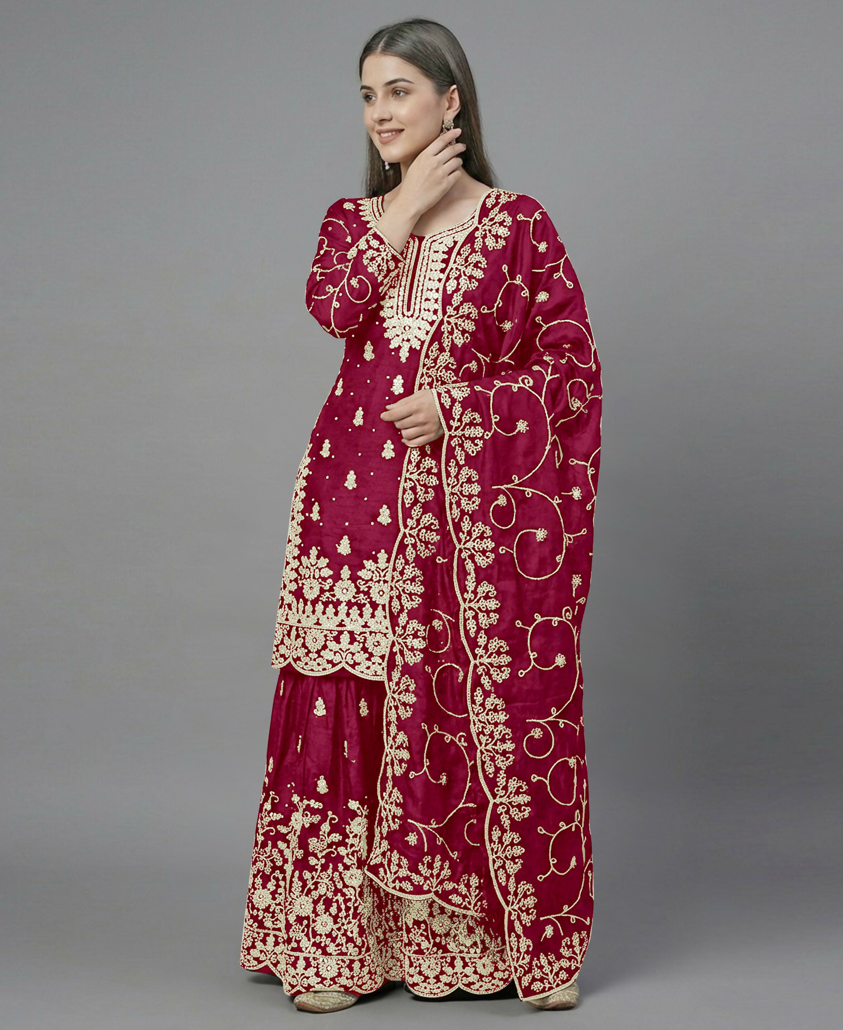 Teeya Creation Womens New Trendy Pure Gmy Silk With Heavy Embroidery Sequence Work Red Kurta Set - Dista