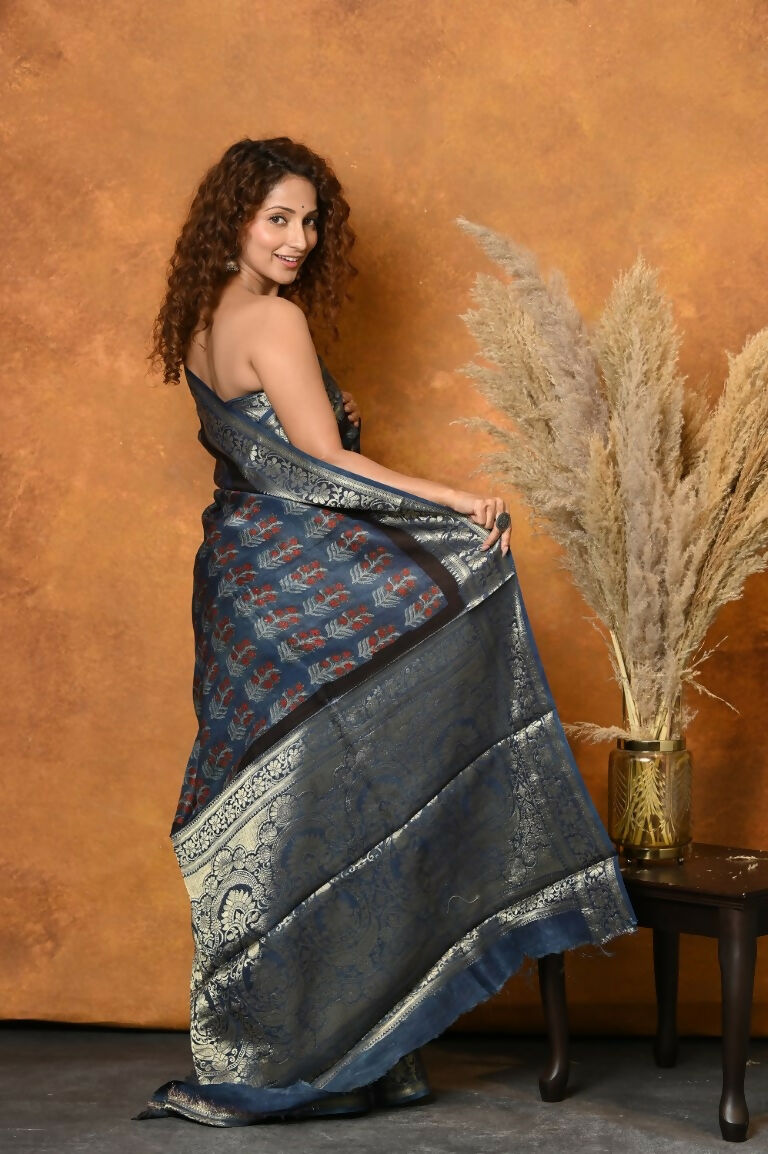 Very Much Indian Modal Silk Ajrakh Handblock Printed Natural Dyes With Designer Border Saree - Black - Distacart