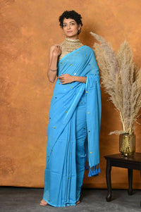 Thumbnail for Very Much Indian Pure Mul Cotton Handloom Saree - Sky Blue - Distacart
