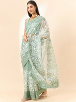 Thumbnail for Green Organza Floral Embroidered Saree with Unstitched Blouse Piece - Roozal - Distacart