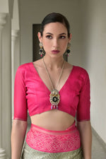 Thumbnail for Vishnu Weaves Women's Pink Soft Tussar Silk Printed Saree with Blouse