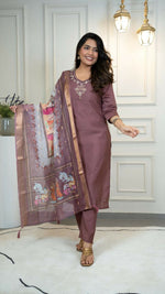 Thumbnail for Preksha Creation Premium Roman Silk Hand Work Kurti Pant Dupatta Set