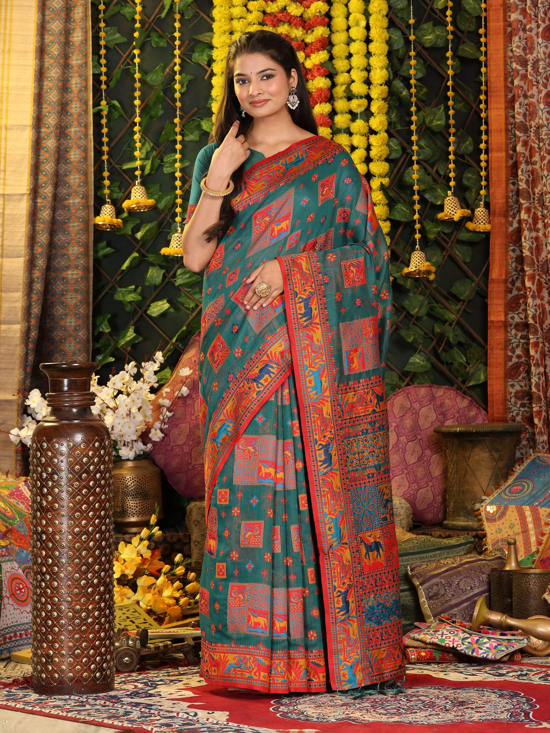 Astita Linen Cotton Rama Green Saree