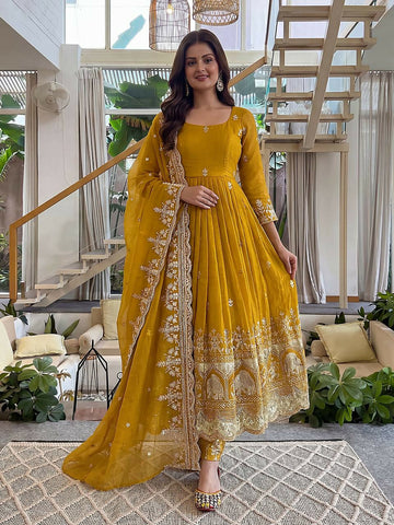 Teeya Creation New Trendy Stylish Wedding Wear Embroidered Anarkali Set - Yellow - Dista