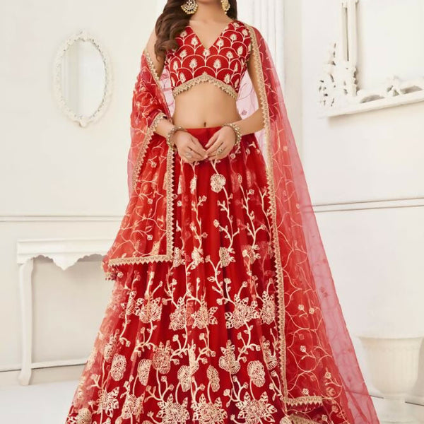 Aastha Fashion Red Butterfly Net White Cotton Thread Work And Sequence Work Embroidery Wedding Wear Lehenga Choli - Distacart