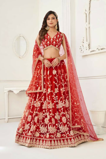 Aastha Fashion Red Butterfly Net White Cotton Thread Work And Sequence Work Embroidery Wedding Wear Lehenga Choli - Distacart