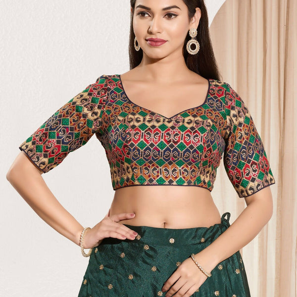 Joban Fashion Navy Blue Brocade Padded Blouse With Sweetheart Neck Elbow Sleeves - Distacart