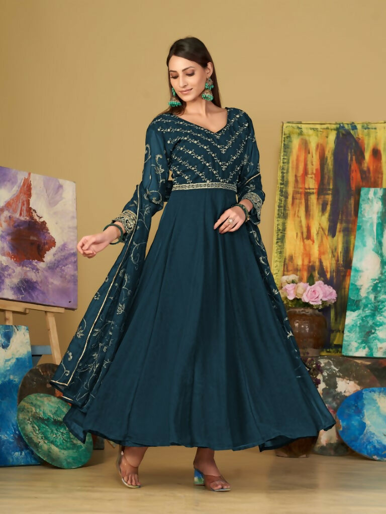 Jyoti Fashion Women's Teal Georgette Embroidered Anarkali Kurta Pant Set With Dupatta - Distacart