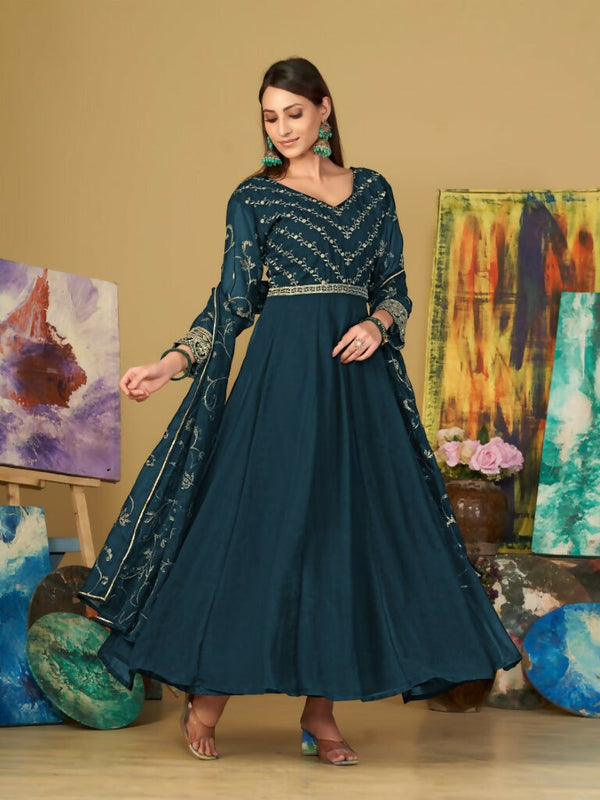 Jyoti Fashion Women's Teal Georgette Embroidered Anarkali Kurta Pant Set With Dupatta - Distacart
