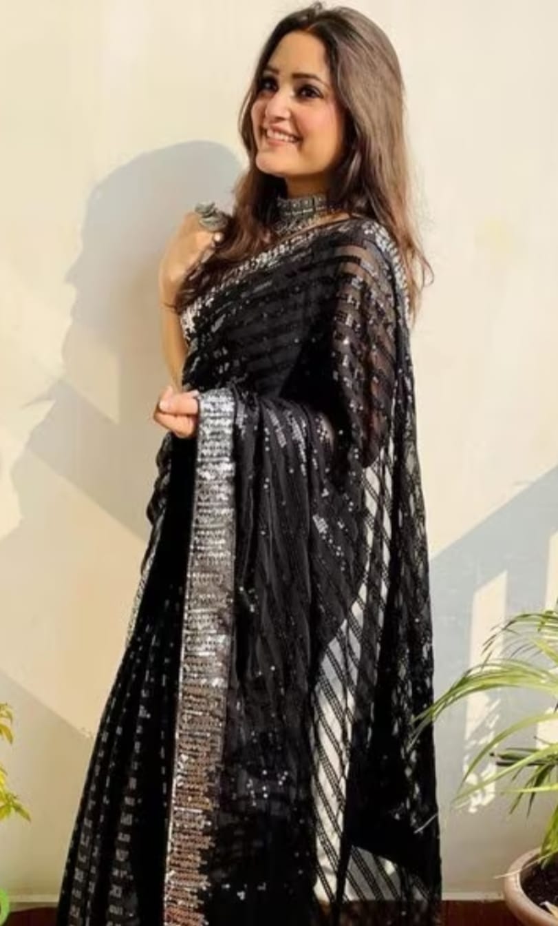 Vamika Embroidery Black Georgette Bollywood Saree - Distacart
