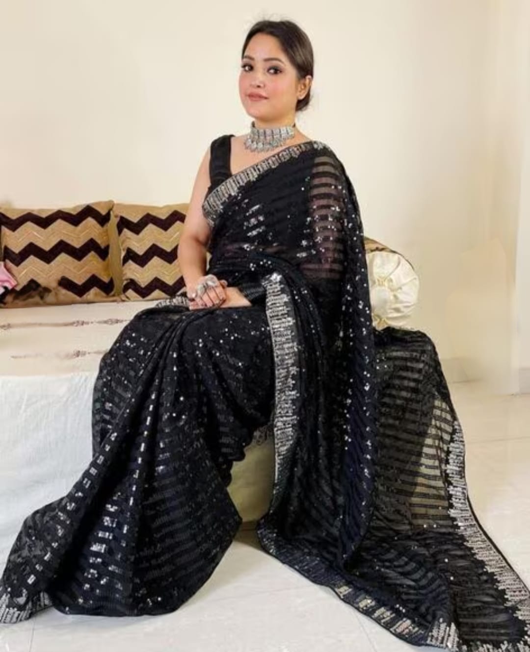 Vamika Embroidery Black Georgette Bollywood Saree - Distacart