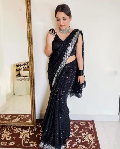 Vamika Embroidery Black Georgette Bollywood Saree - Distacart