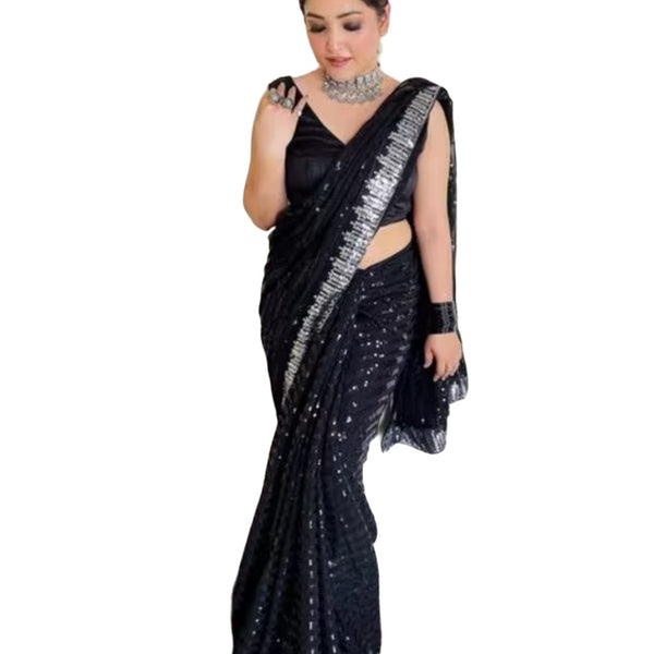 Vamika Embroidery Black Georgette Bollywood Saree - Distacart