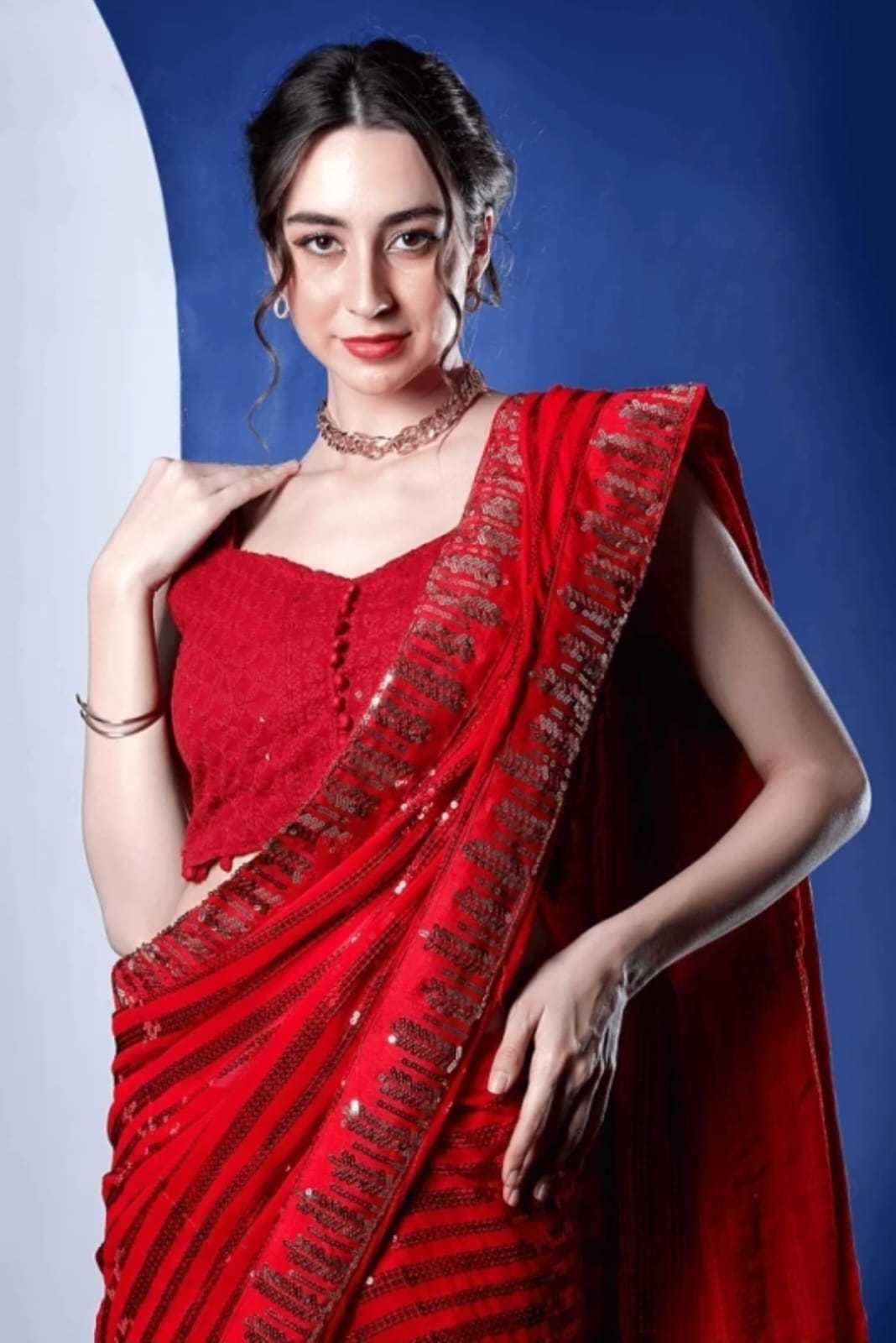Vamika Embroidery Red Georgette Bollywood Saree - Distacart
