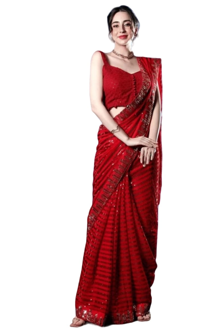 Vamika Embroidery Red Georgette Bollywood Saree - Distacart