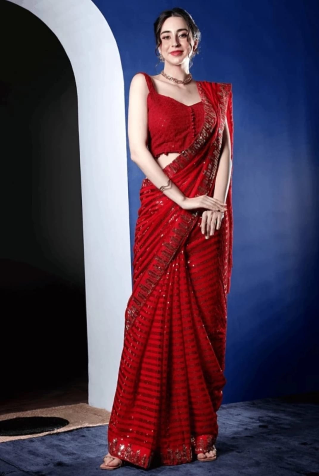 Vamika Embroidery Red Georgette Bollywood Saree - Distacart