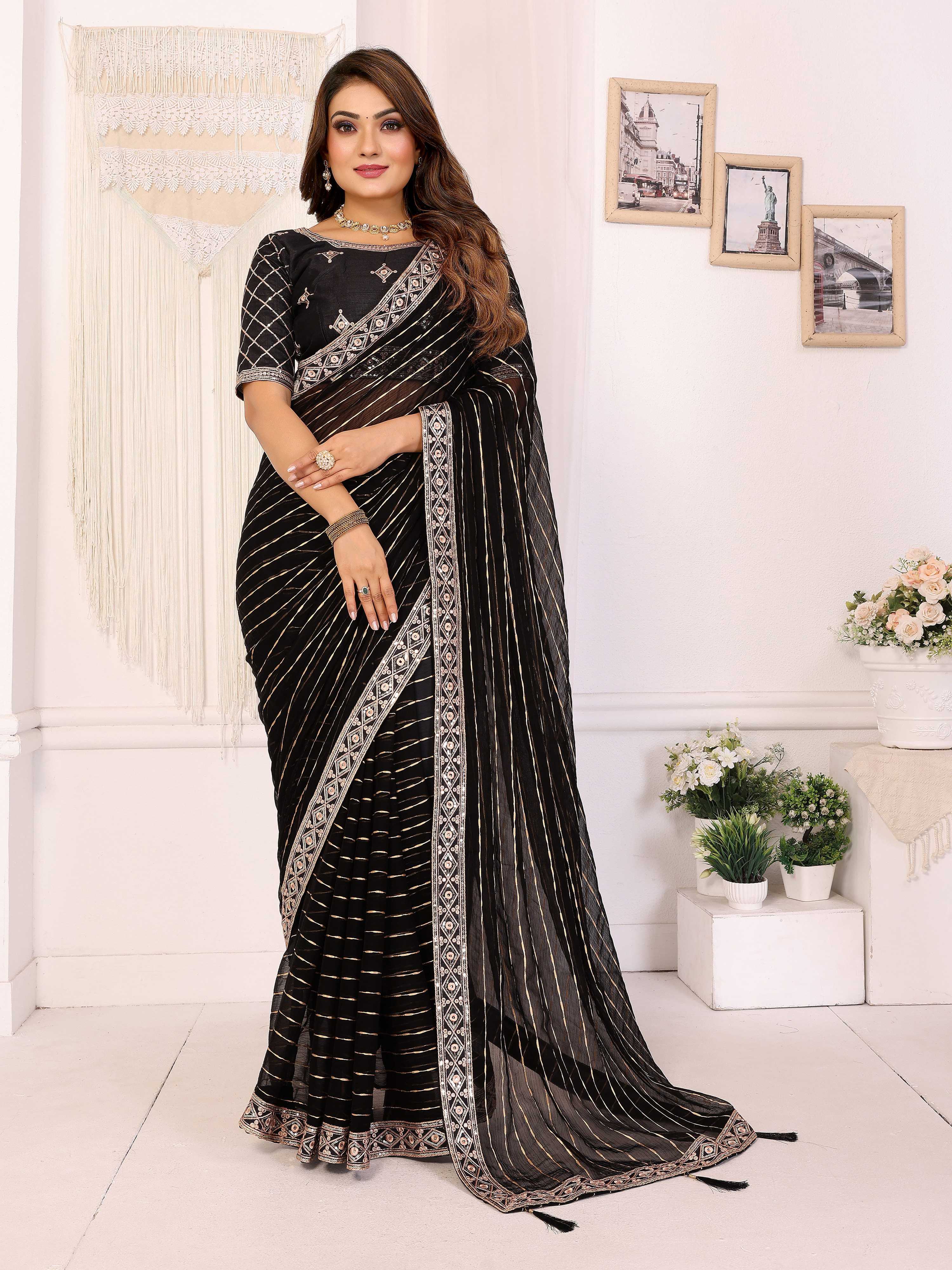 Vedant Vastram Georgette Embroidered & Sequin work Bollywood Fancy Saree - Black - Dista