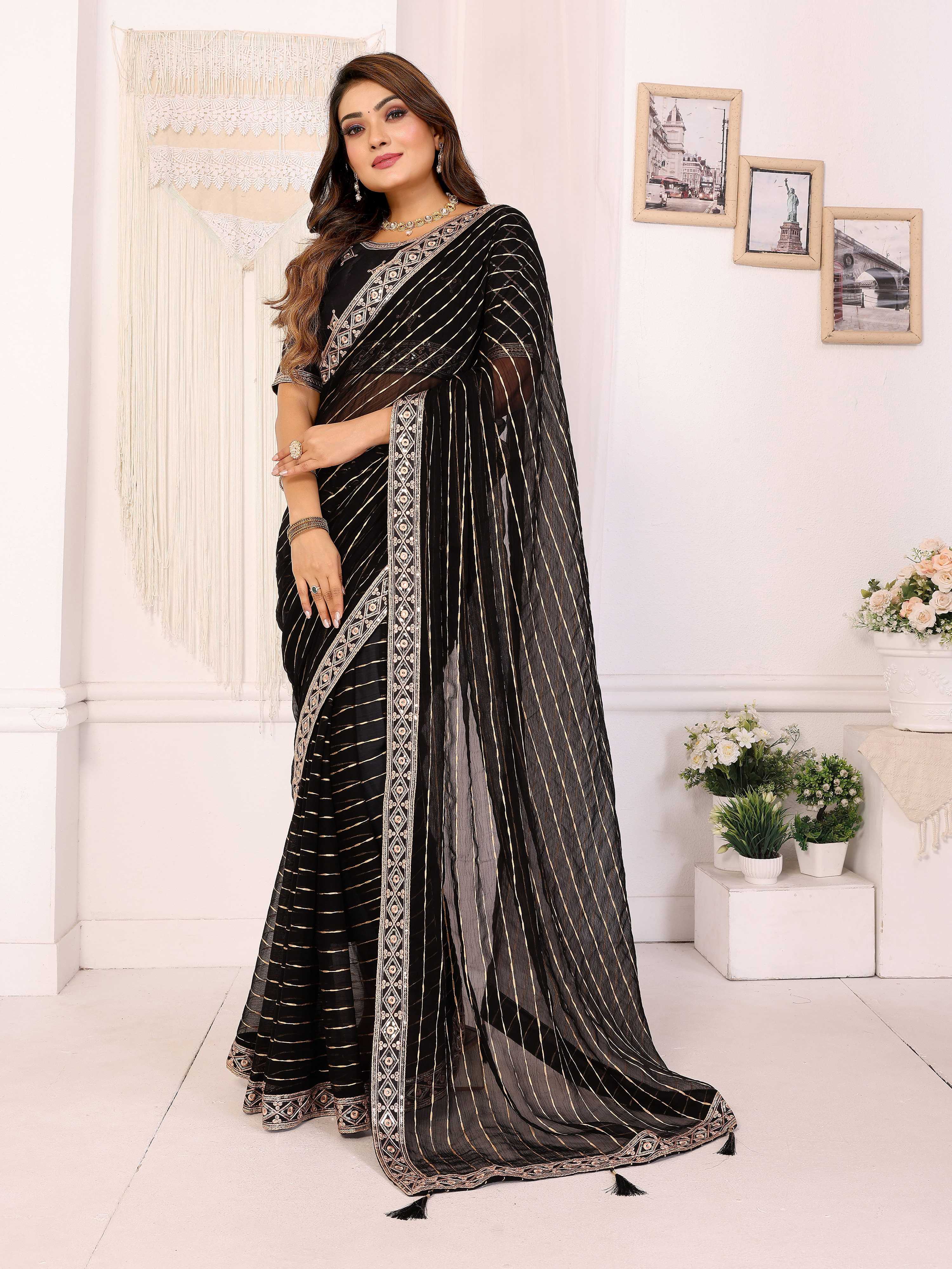Vedant Vastram Georgette Embroidered & Sequin work Bollywood Fancy Saree - Black - Dista