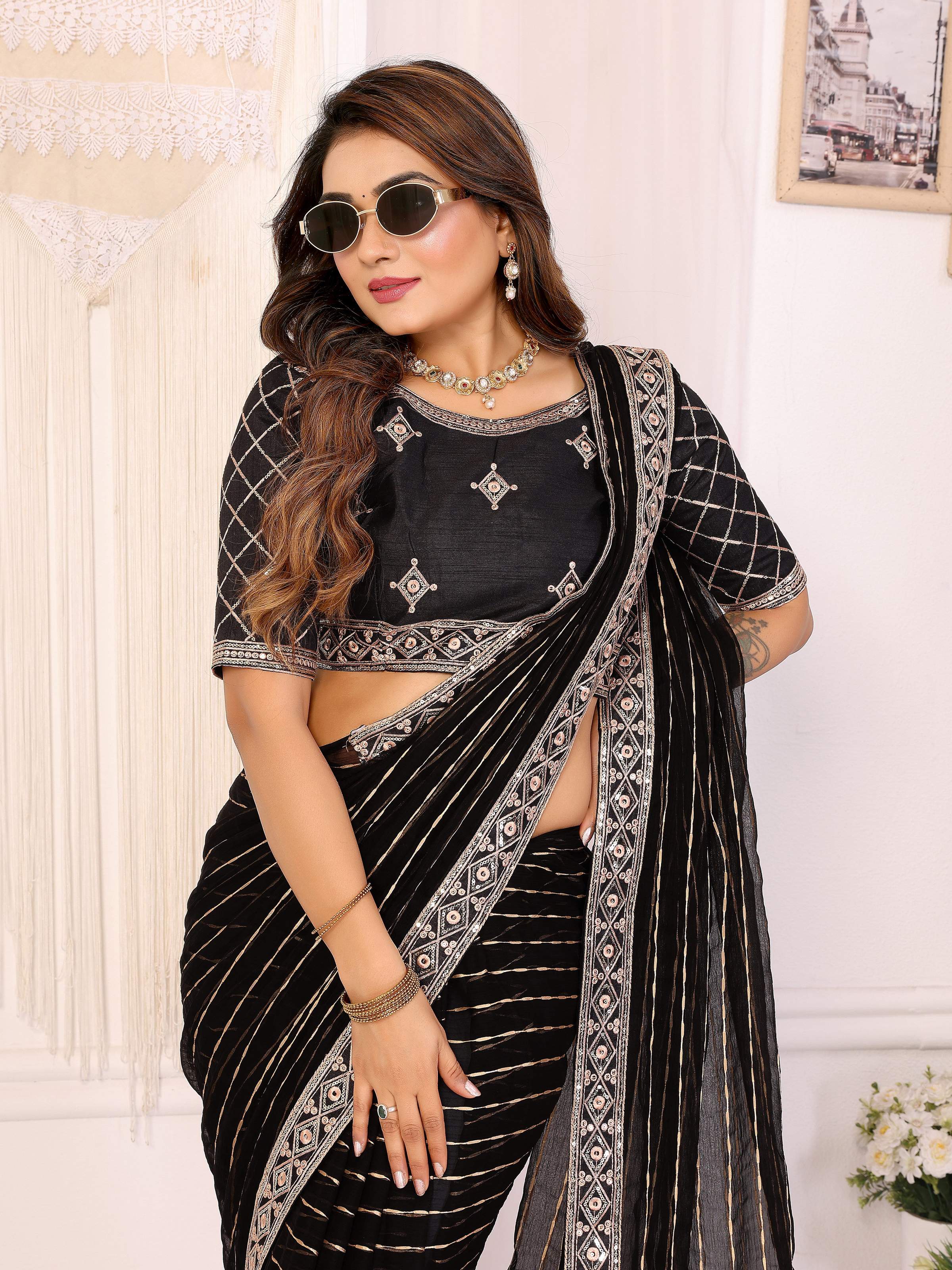 Vedant Vastram Georgette Embroidered & Sequin work Bollywood Fancy Saree - Black - Dista