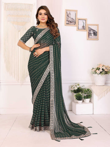 Vedant Vastram Georgette Embroidered & Sequin work Bollywood Fancy Saree - Green - Dista