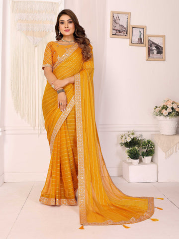 Vedant Vastram Georgette Embroidered & Sequin work Bollywood Fancy Saree - Mustard - Dista
