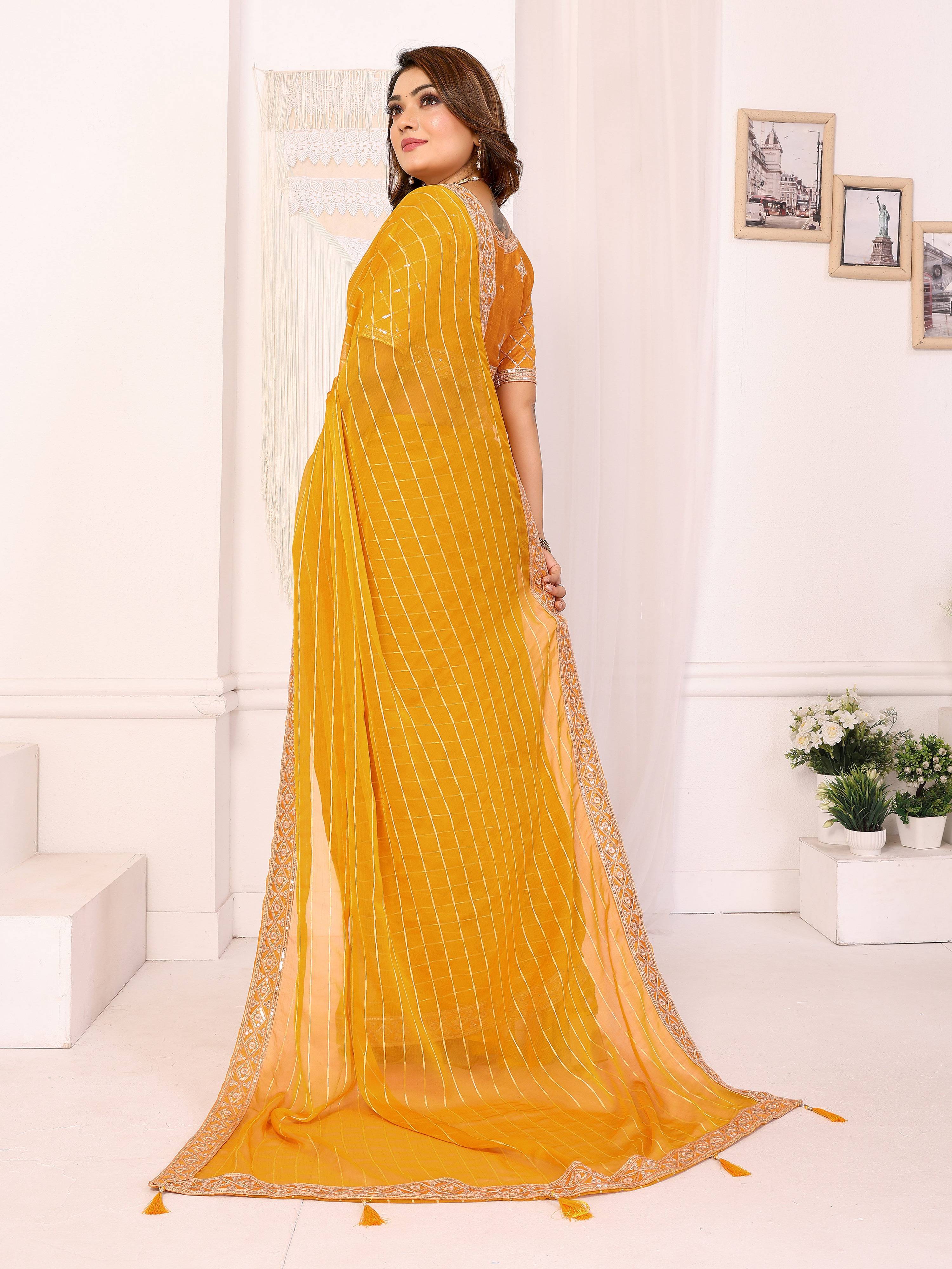 Vedant Vastram Georgette Embroidered & Sequin work Bollywood Fancy Saree - Mustard - Dista
