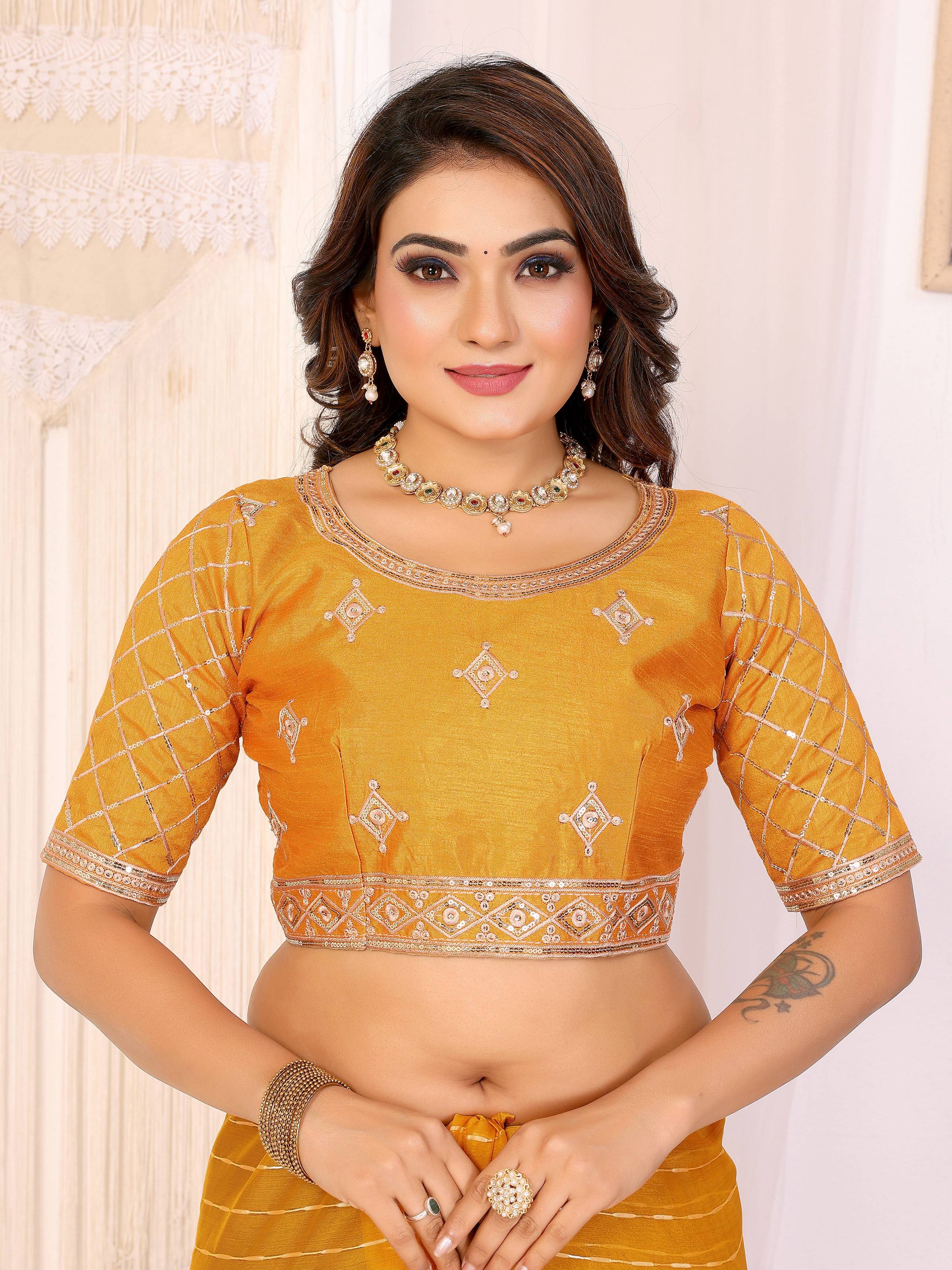 Vedant Vastram Georgette Embroidered & Sequin work Bollywood Fancy Saree - Mustard - Dista