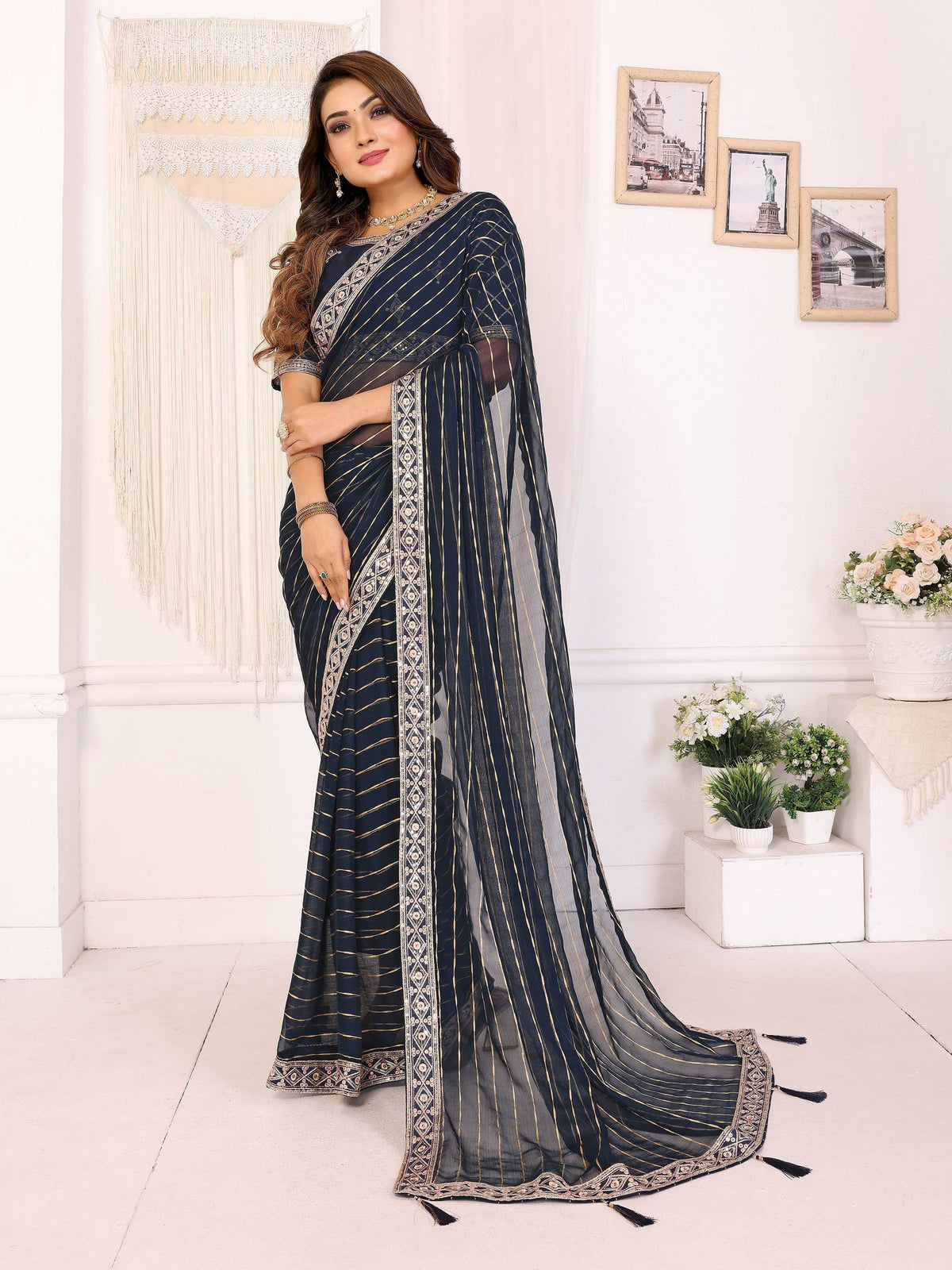 Vedant Vastram Georgette Embroidered & Sequin work Bollywood Fancy Saree - Navy Blue - Dista