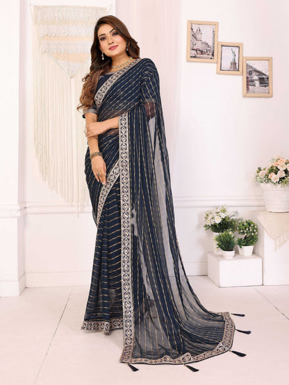 Vedant Vastram Georgette Embroidered & Sequin work Bollywood Fancy Saree - Navy Blue - Dista