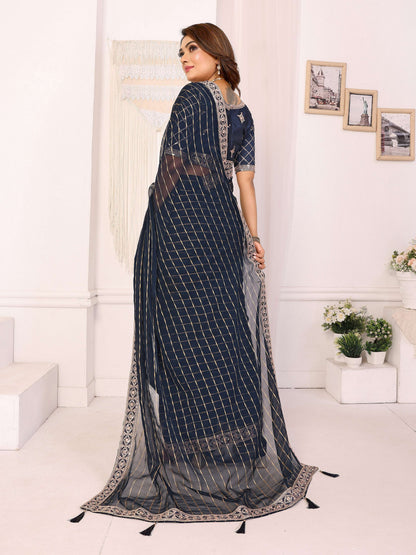 Vedant Vastram Georgette Embroidered & Sequin work Bollywood Fancy Saree - Navy Blue - Dista