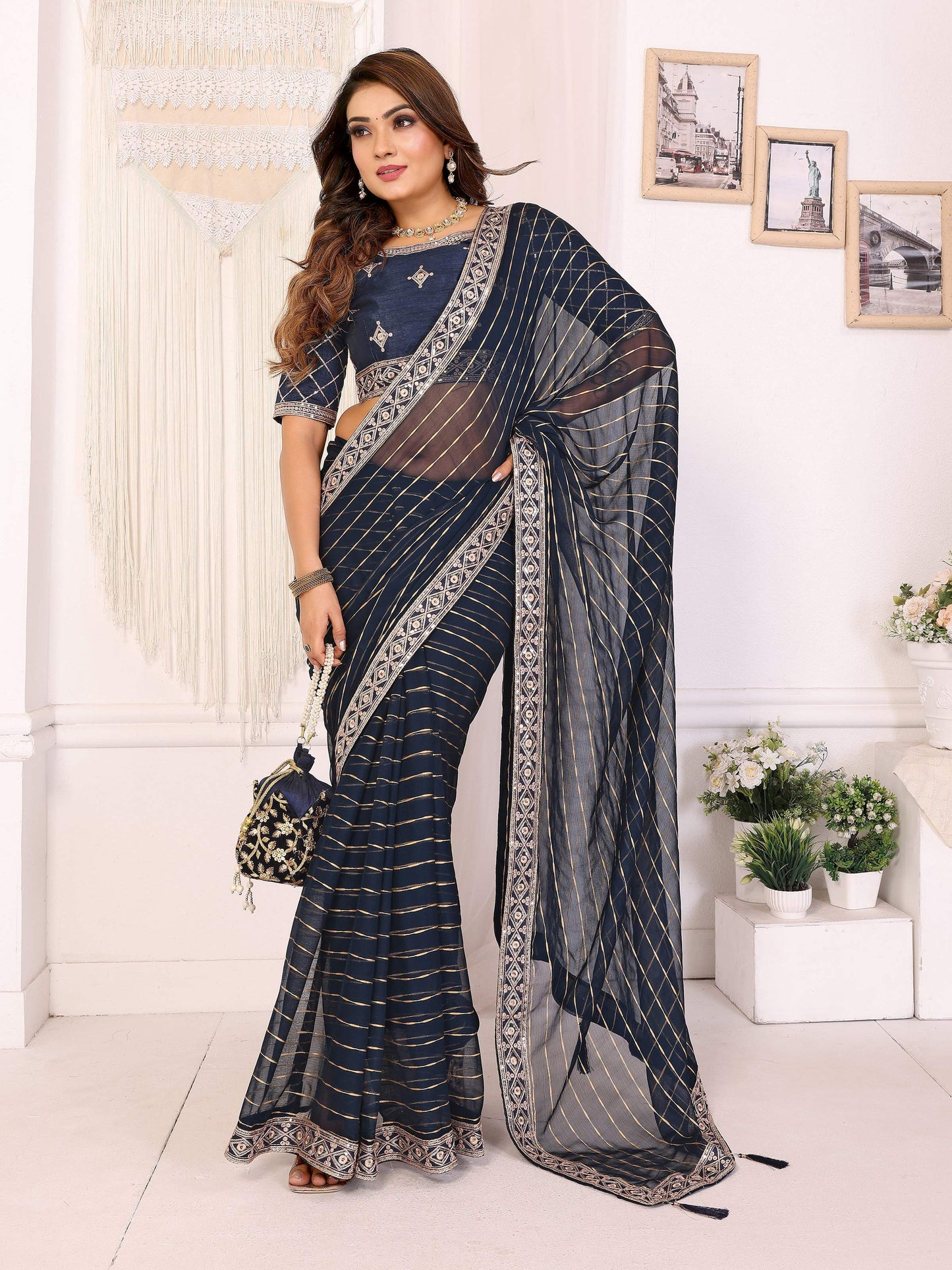 Vedant Vastram Georgette Embroidered & Sequin work Bollywood Fancy Saree - Navy Blue - Dista