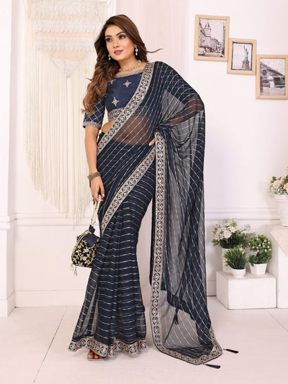 Vedant Vastram Georgette Embroidered & Sequin work Bollywood Fancy Saree - Navy Blue - Dista