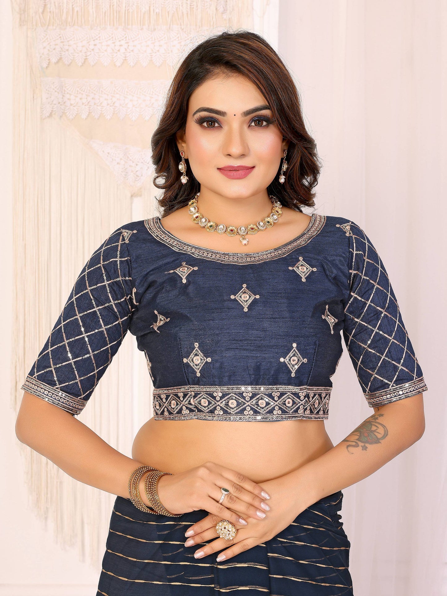 Vedant Vastram Georgette Embroidered & Sequin work Bollywood Fancy Saree - Navy Blue - Dista