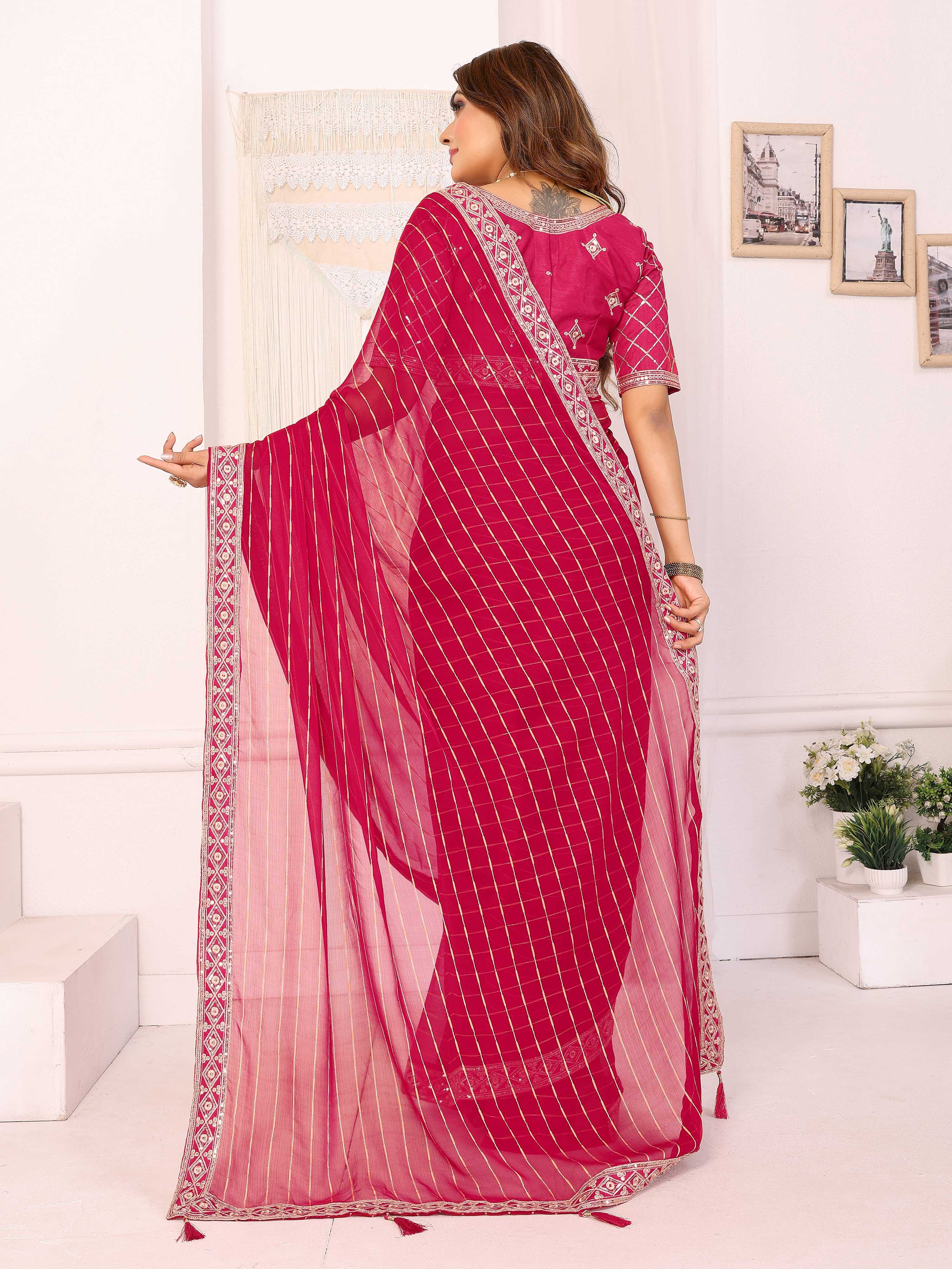 Vedant Vastram Georgette Embroidered & Sequin work Bollywood Fancy Saree - Pink - Dista