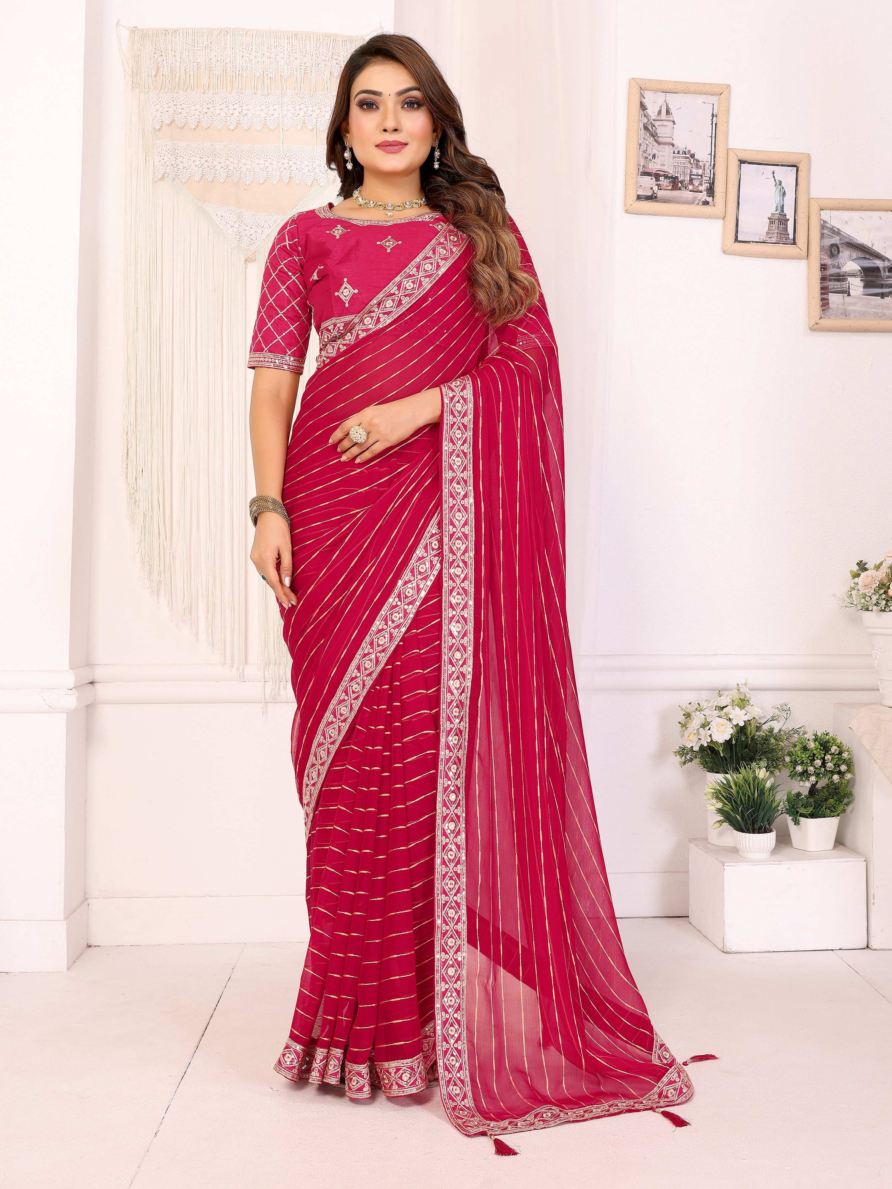 Vedant Vastram Georgette Embroidered & Sequin work Bollywood Fancy Saree - Pink - Dista