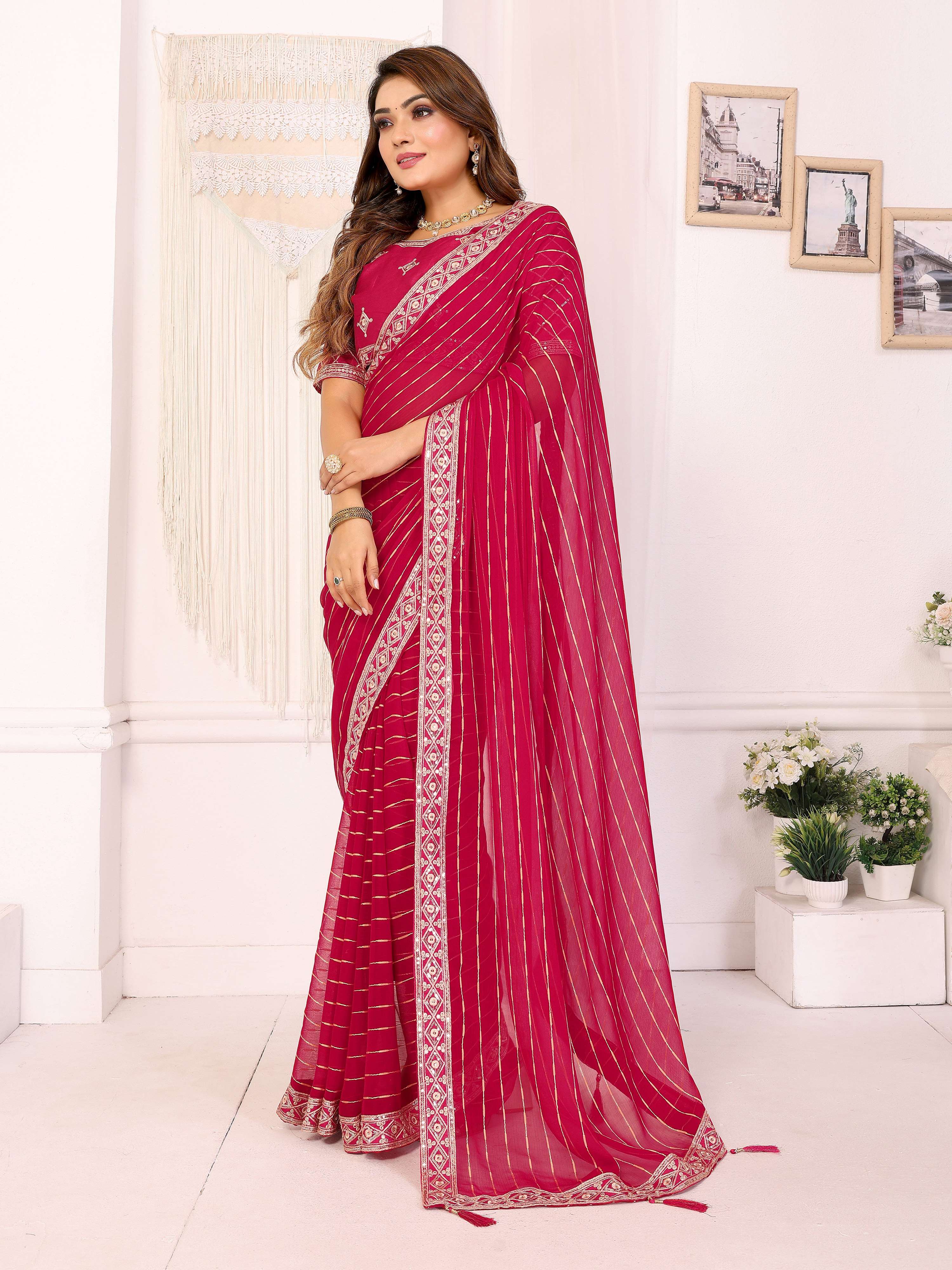 Vedant Vastram Georgette Embroidered & Sequin work Bollywood Fancy Saree - Pink - Dista