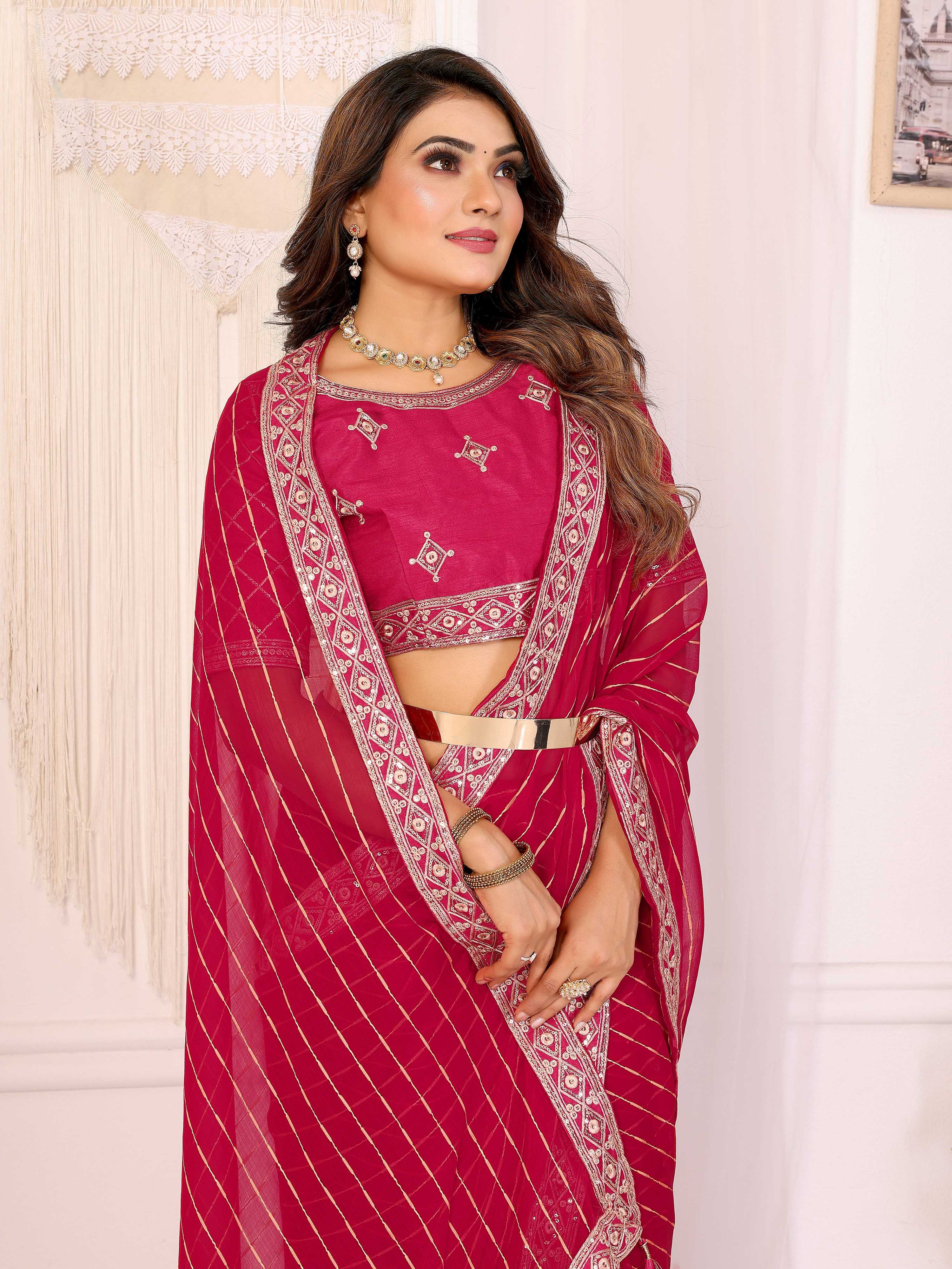 Vedant Vastram Georgette Embroidered & Sequin work Bollywood Fancy Saree - Pink - Dista